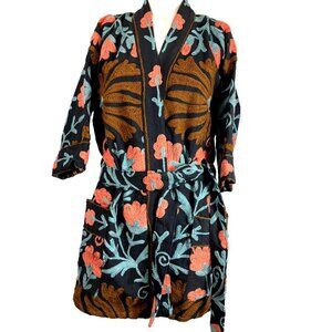 Women's Embroidery Floral Pockets Jacket Lagenlook Belted Art Nouveau